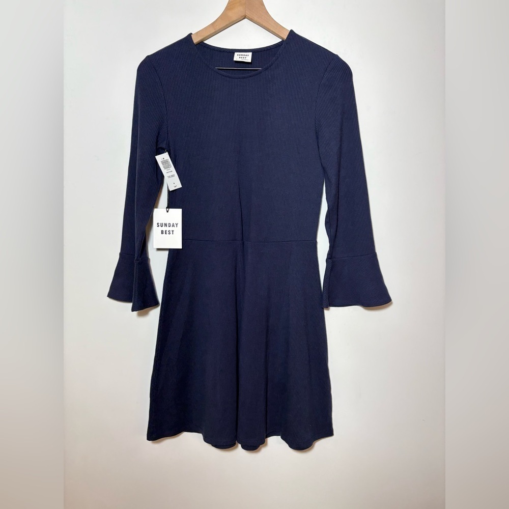 NWT Sunday Best Aritzia Flare Mini Dress ribbed long sleeve navy Sz M Peyton
